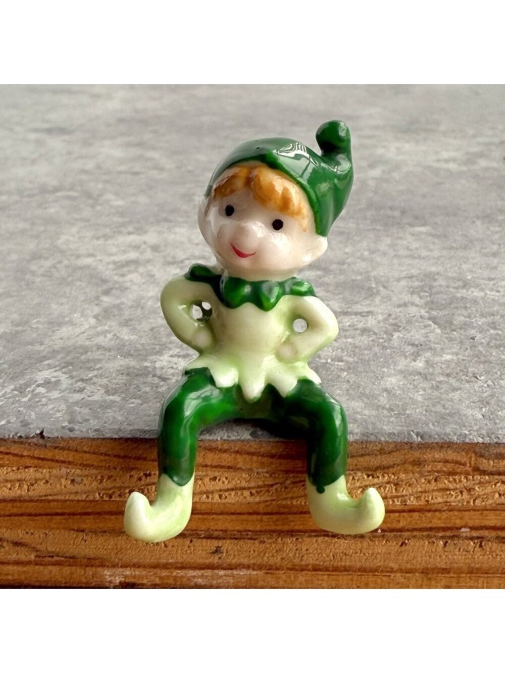 Vintage Miniature Tiny Ceramic Pixie Elf Christmas Figurine Green Outfit